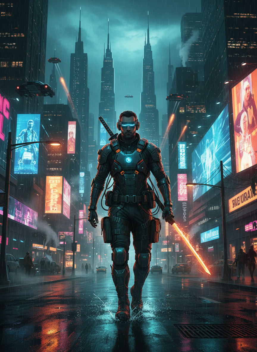 Cyberpunk character walking