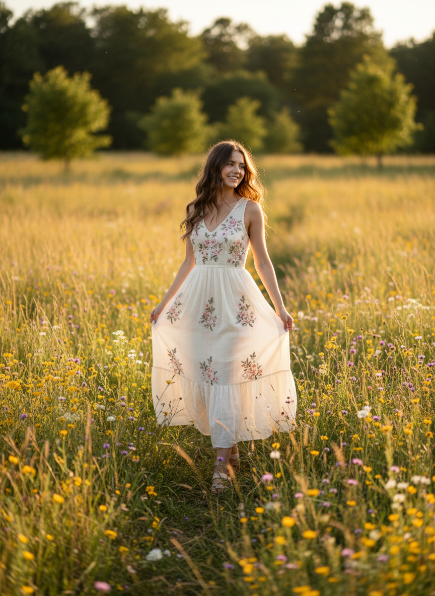 Woman walking in meadow